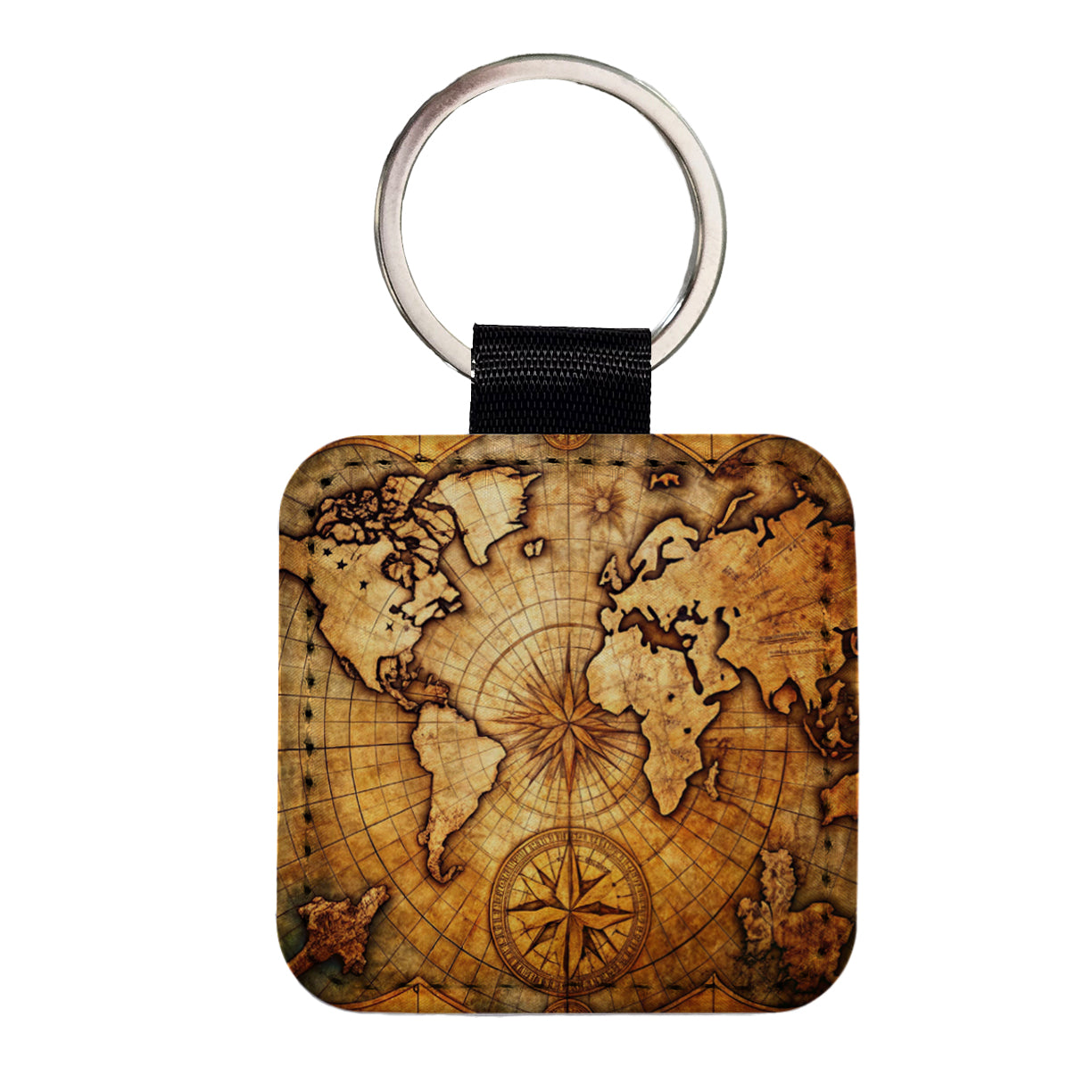 Ancient World Map with Compass Rose Square Faux Leather Keychain