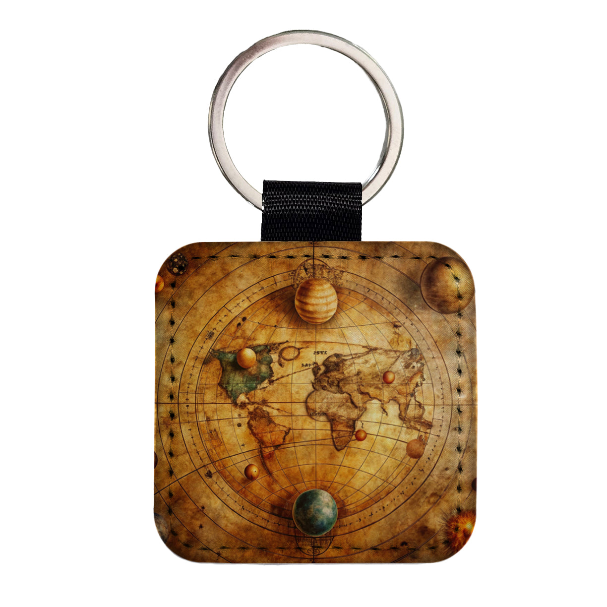 Ancient Worn Map Of The Earth and Solar System Square Faux Leather Keychain