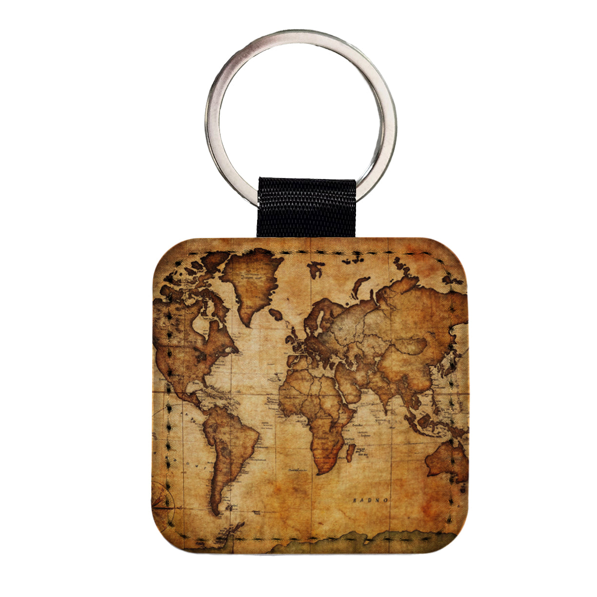 Ancient Worn Map Of The World Continents Square Faux Leather Keychain