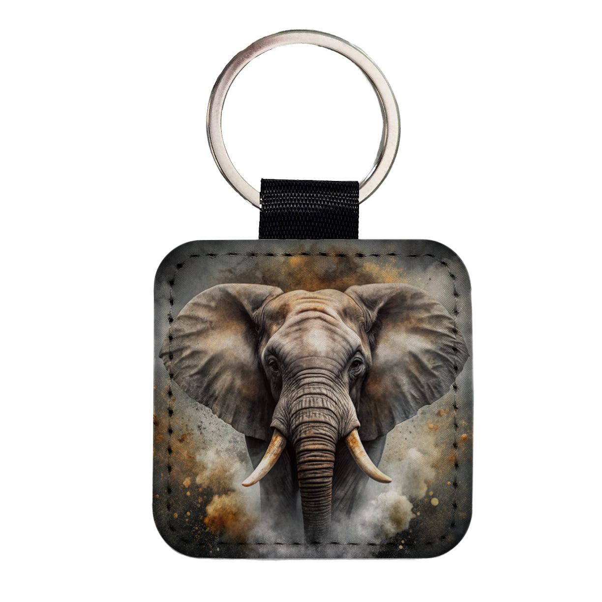 Angry Elephant Black Watercolor Square Faux Leather Keychain