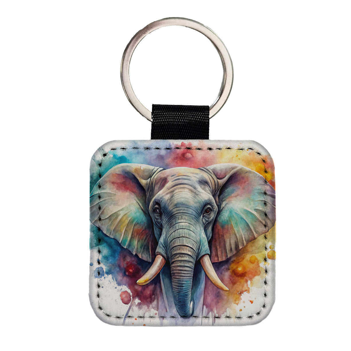 Angry Elephant Colorful Watercolor Square Faux Leather Keychain