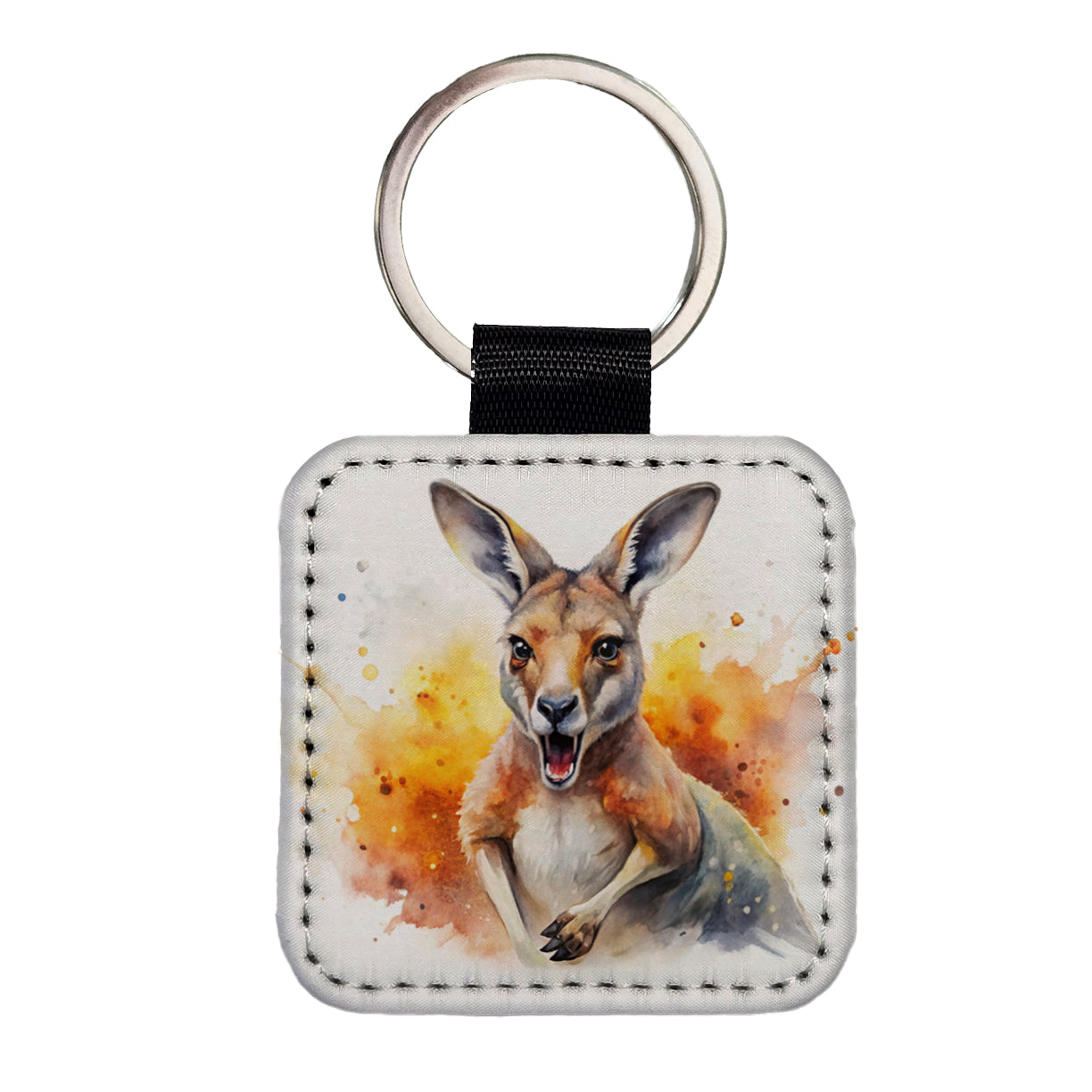 Angry Kangaroo Watercolor Square Faux Leather Keychain