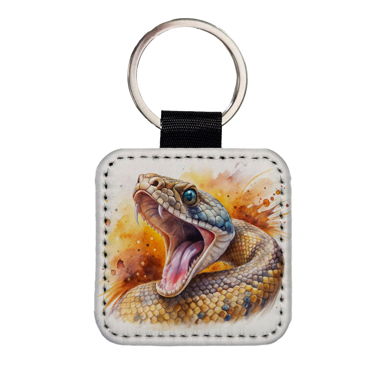 Angry Rattlesnake Snake Reptile Watercolor Square Faux Leather Keychain