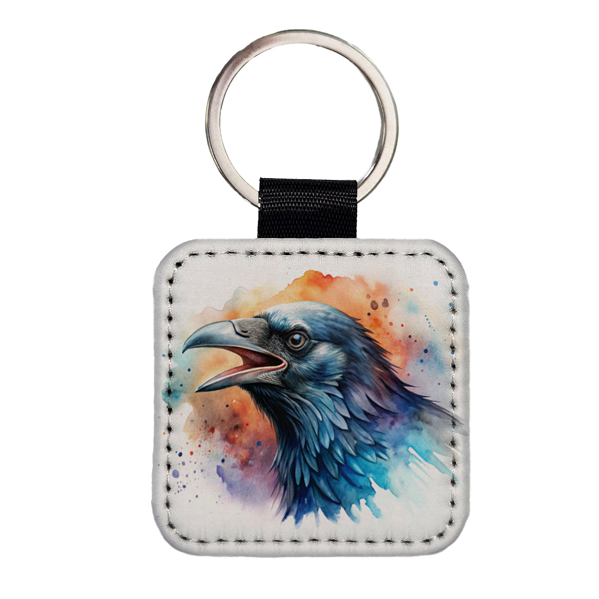Angry Raven Watercolor Square Faux Leather Keychain