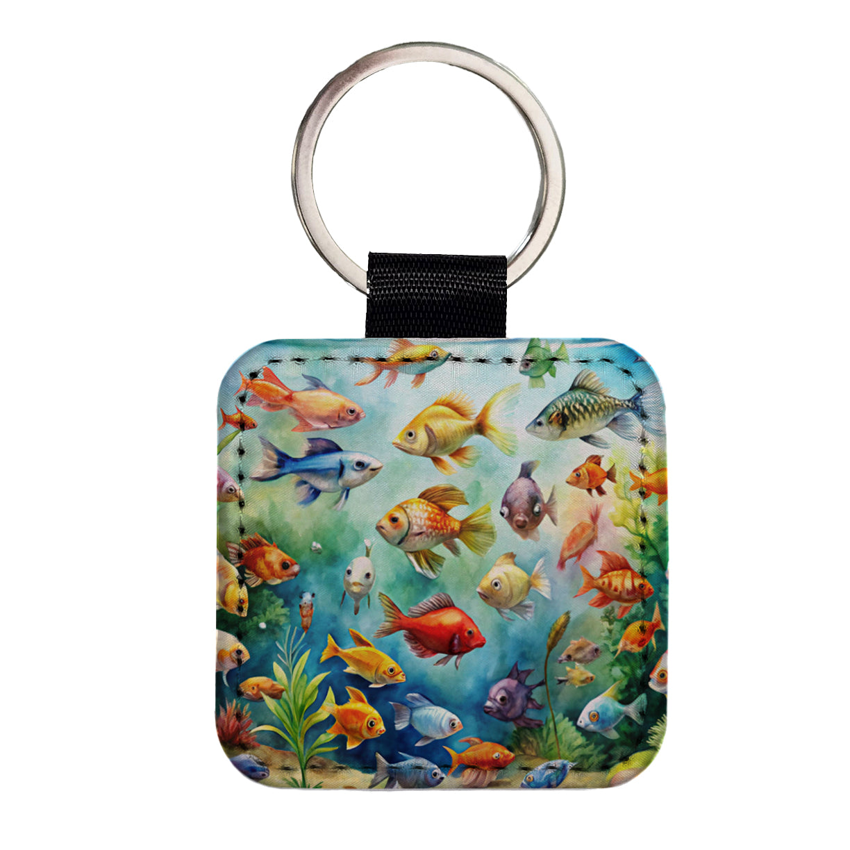 Aquarium Full Of Fish Watercolor Square Faux Leather Keychain