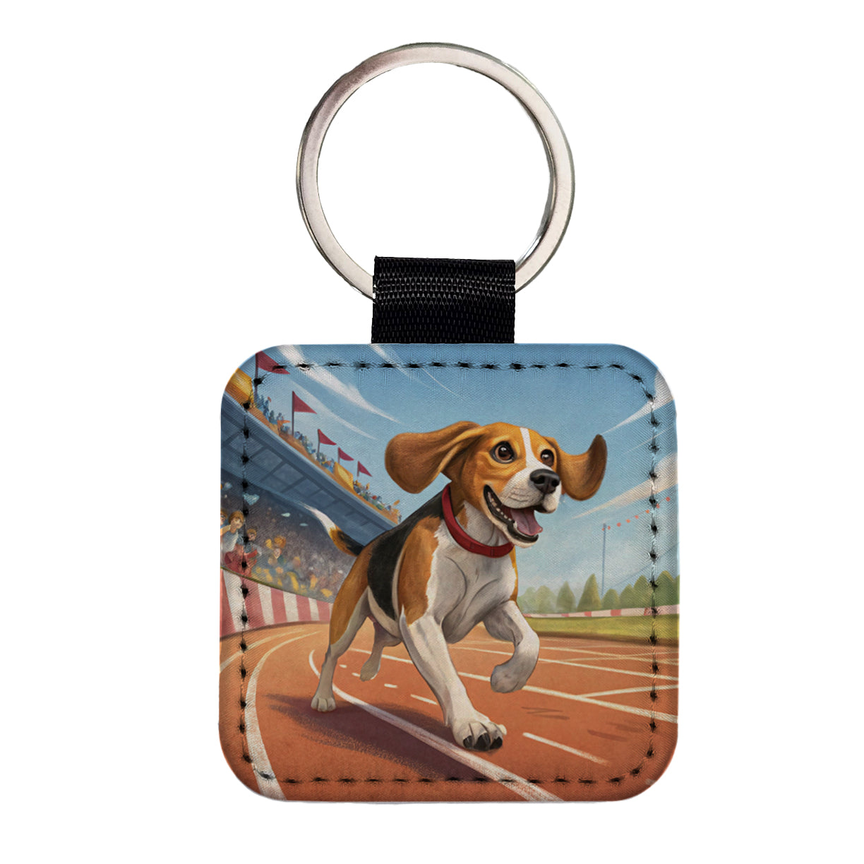 Beagle Dog Racing Square Faux Leather Keychain