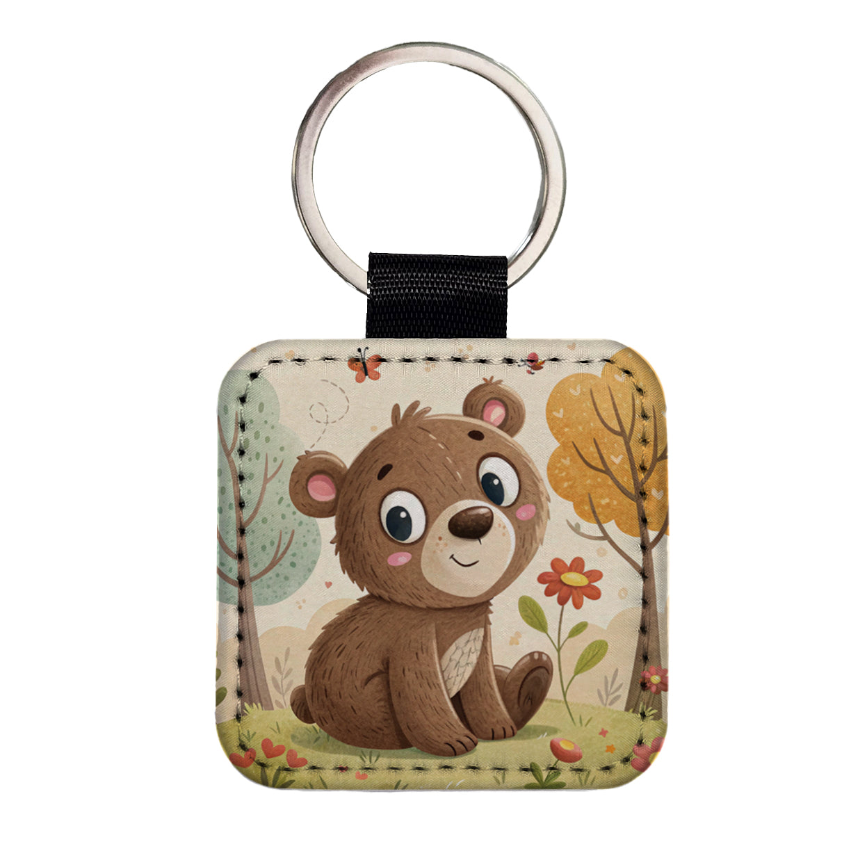 Bear Children's Illustration Style Square Faux Leather Keychain