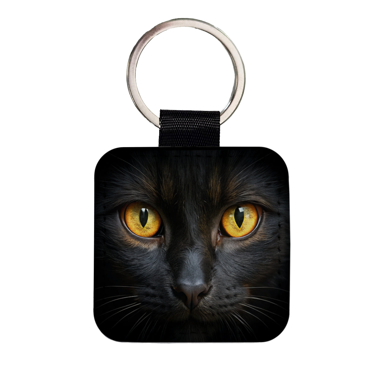 Black Cat with Gold Eyes Square Faux Leather Keychain