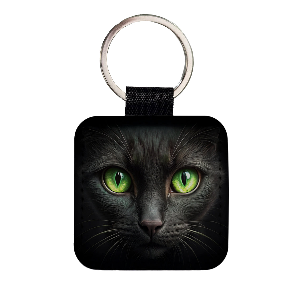 Black Cat with Green Eyes Square Faux Leather Keychain
