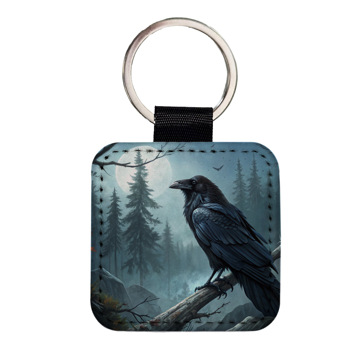 Black Raven at Night Under a Full Moon Square Faux Leather Keychain