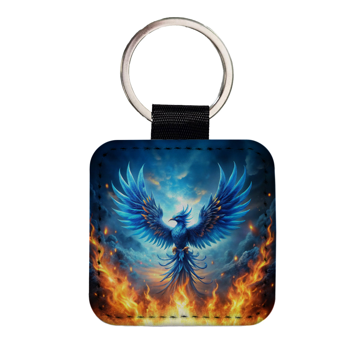 Blue Flaming Phoenix Rising From Ashes Fantasy Bird Square Faux Leather Keychain