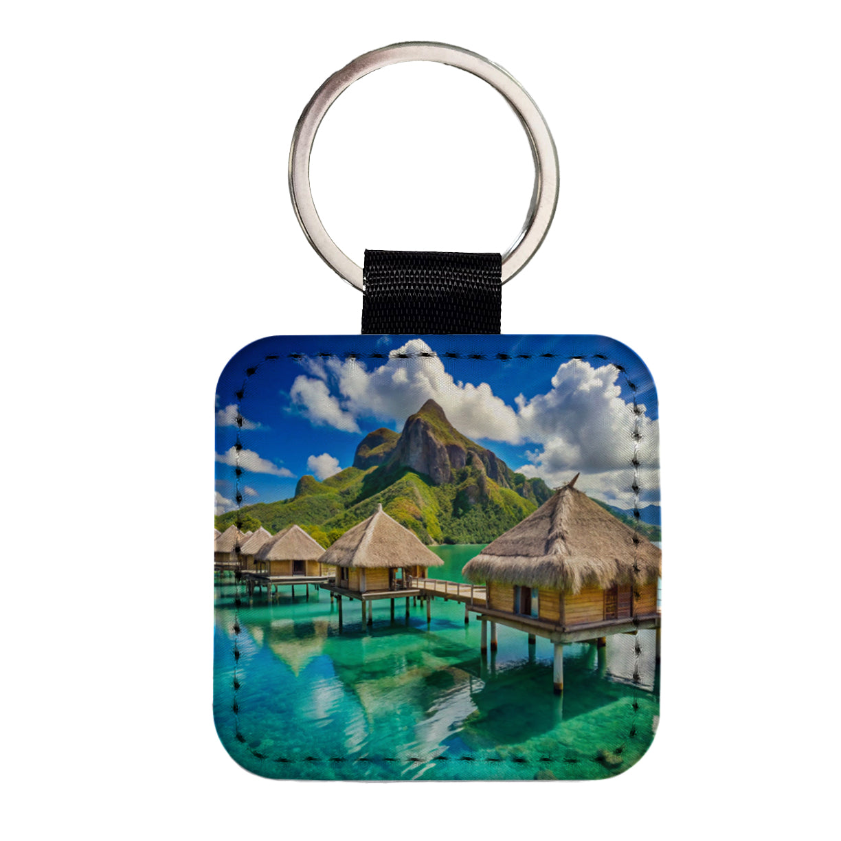 Bora Bora Huts On Water French Polynesia Square Faux Leather Keychain
