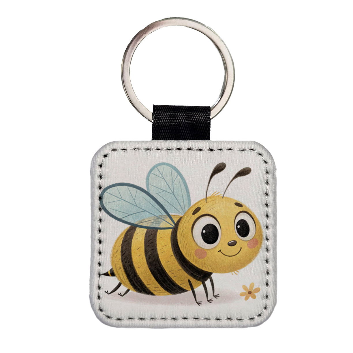 Bumble Bee Children's Illustration Style Square Faux Leather Keychain