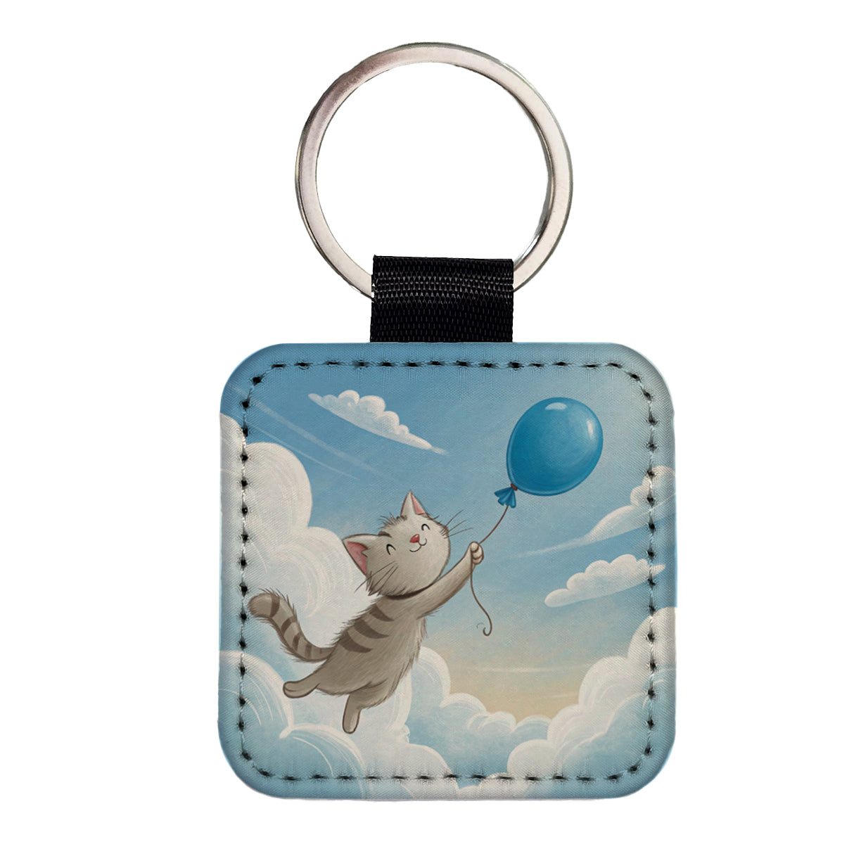 Cat Carried by Blue Balloon into the Sky Square Faux Leather Keychain