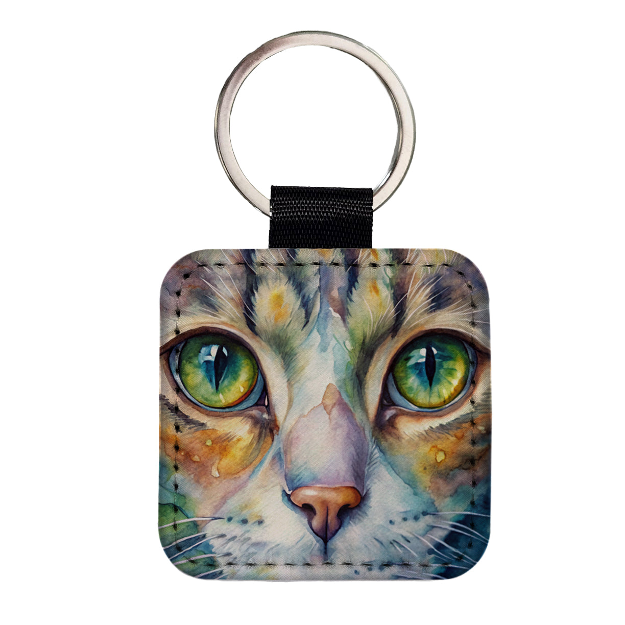 Cat Eyes Close-Up Watercolor Square Faux Leather Keychain