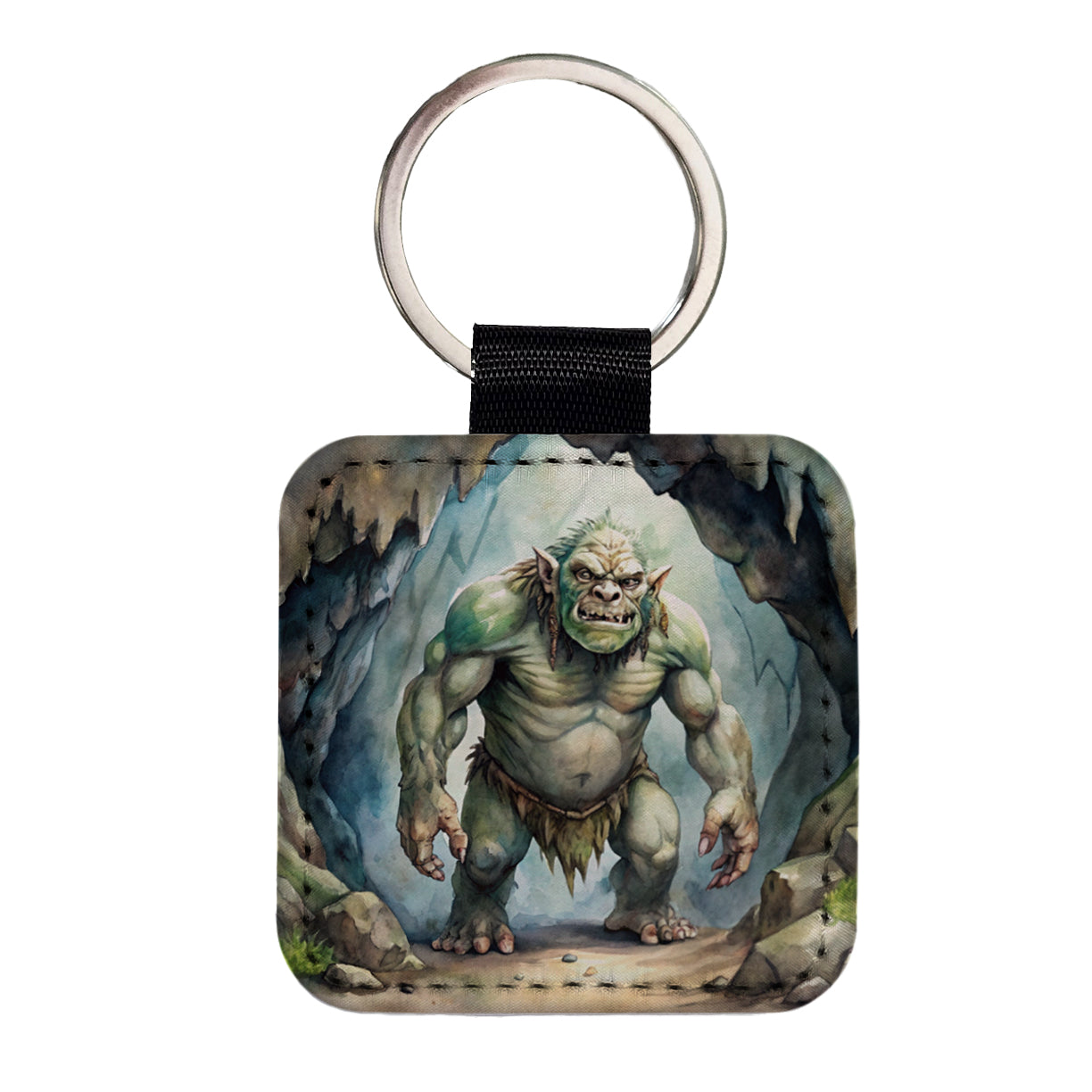 Cave Troll Fantasy Monster Watercolor Square Faux Leather Keychain