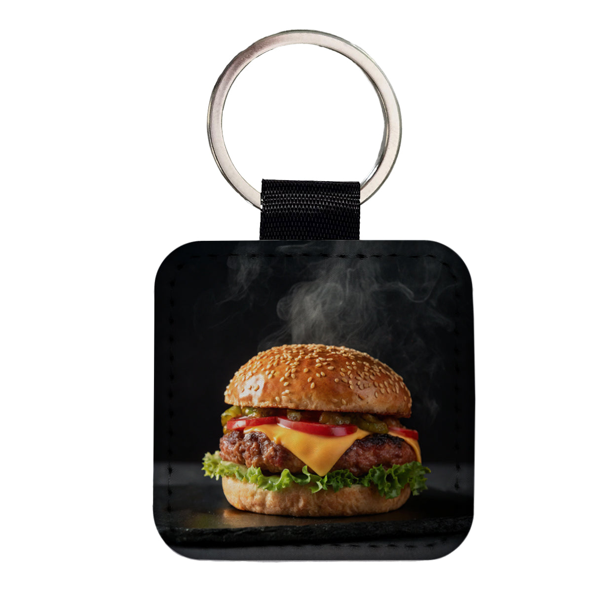 Cheeseburger with all the Toppings Square Faux Leather Keychain