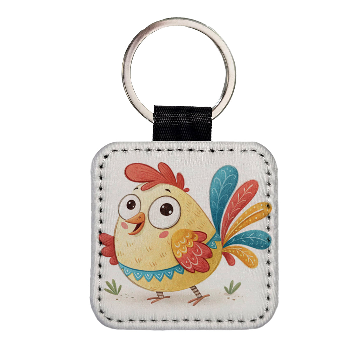 Chicken Children's Illustration Style Square Faux Leather Keychain