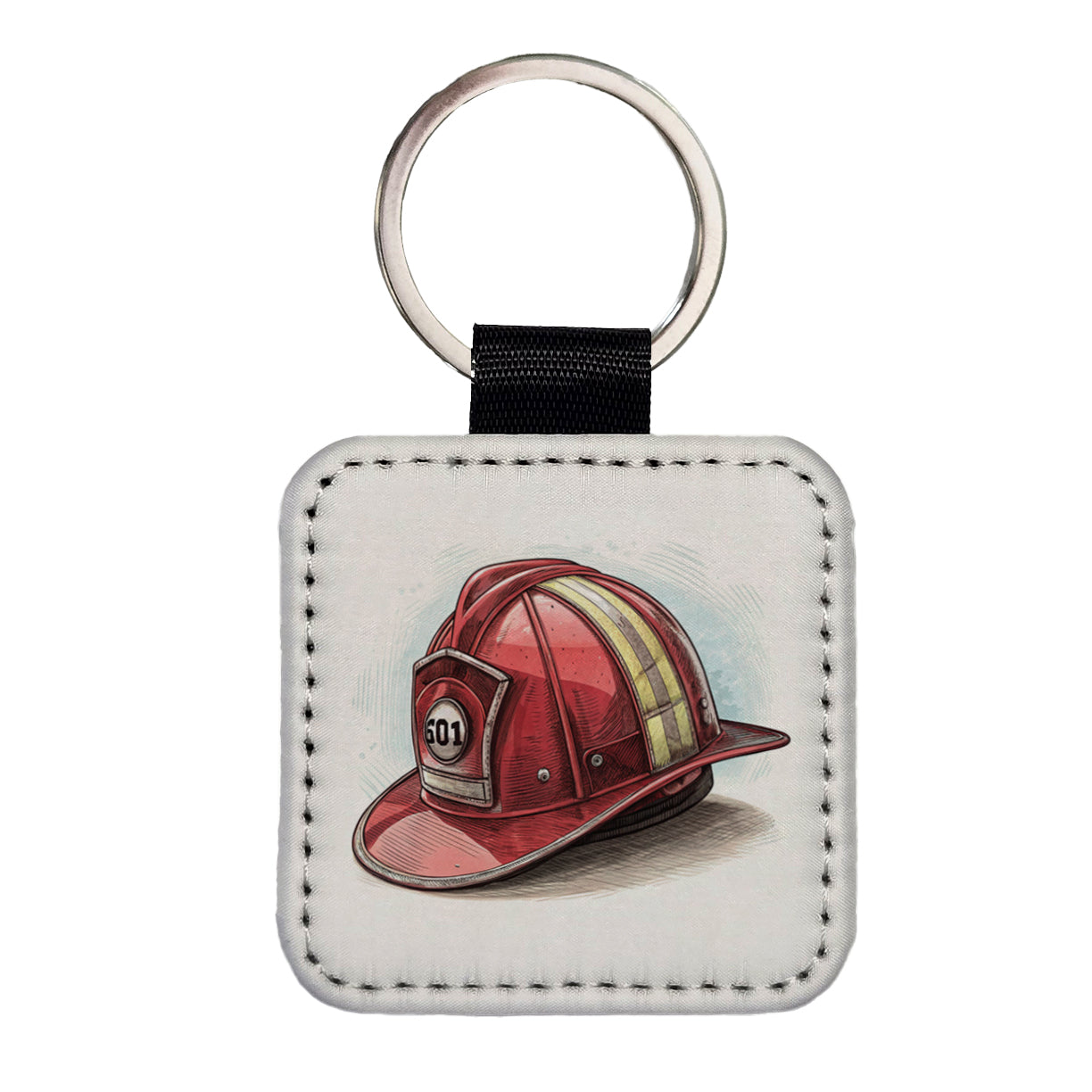 Classic Red Firefighter Fireman Helmet Square Faux Leather Keychain