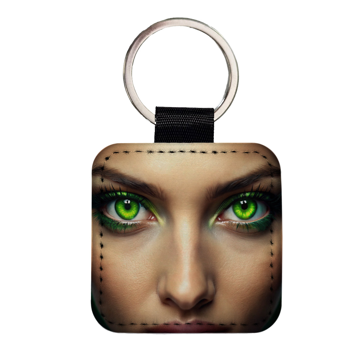 Close-Up Of Green Eyes Square Faux Leather Keychain