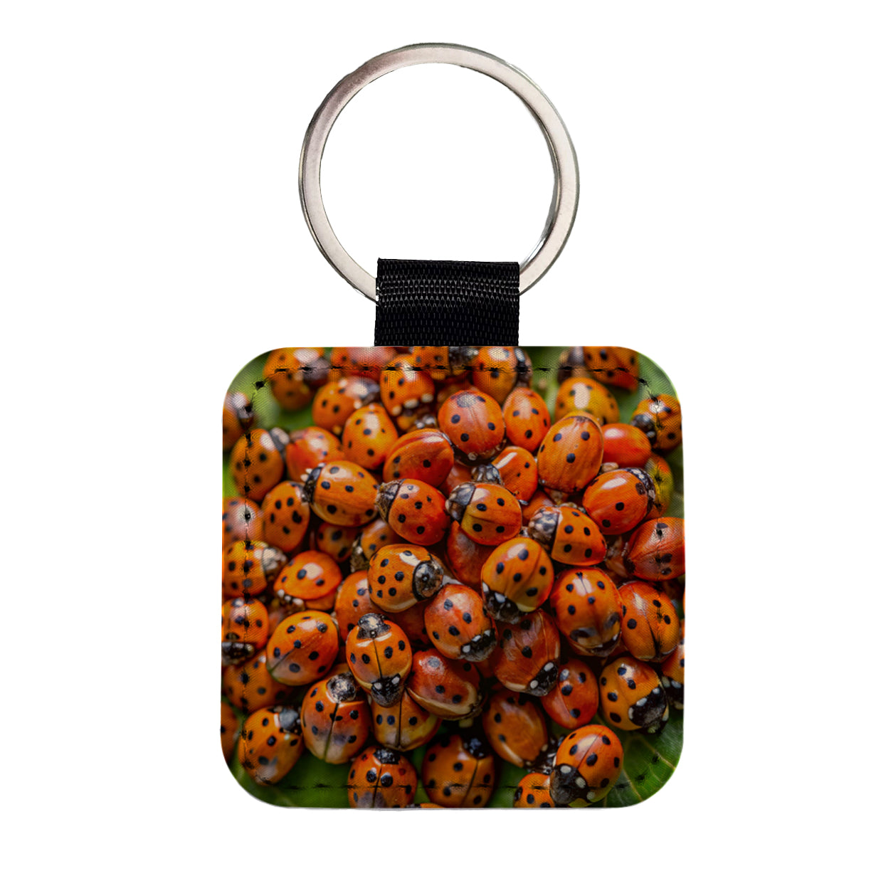 Close-Up Of Ladybugs Covering Leaf Square Faux Leather Keychain