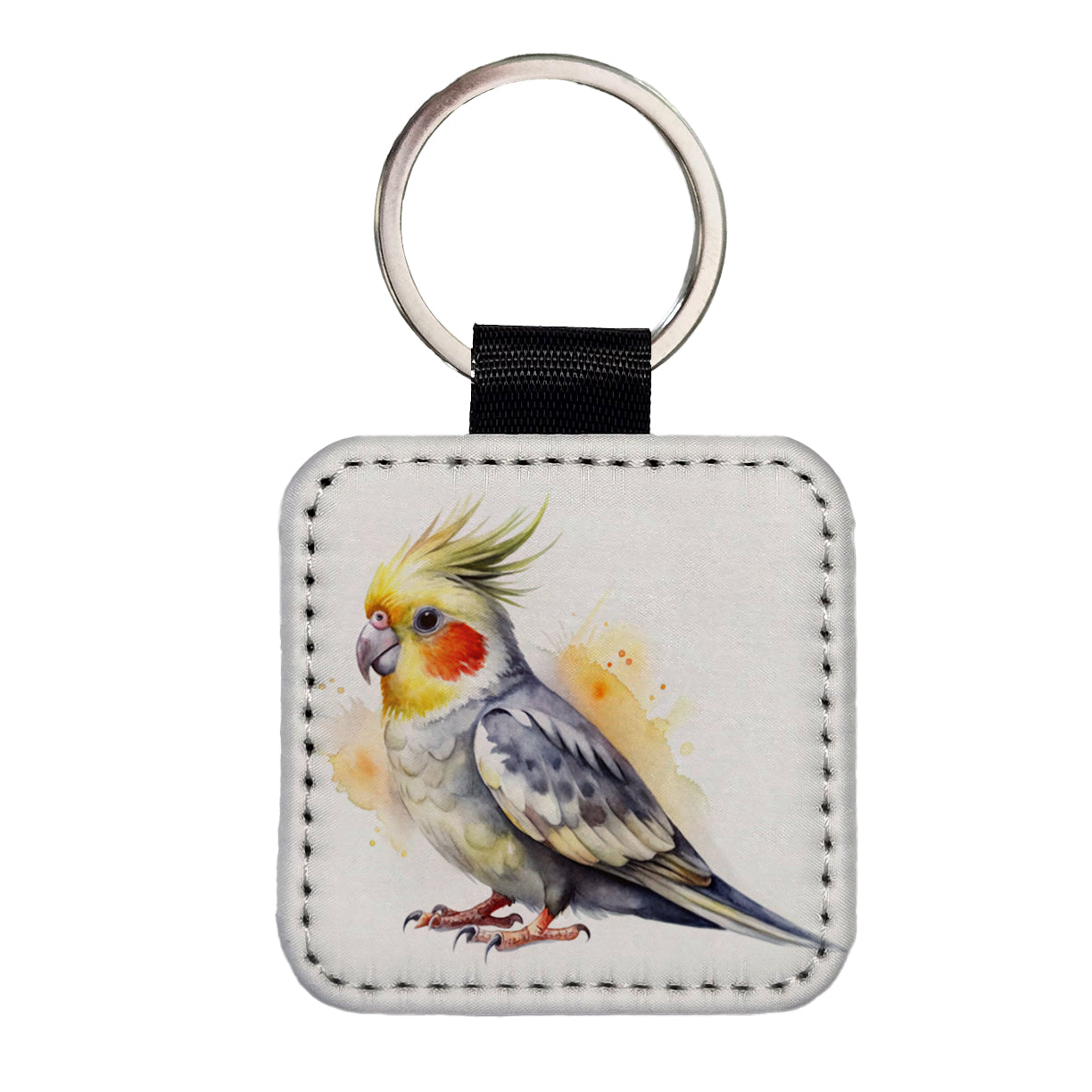 Cockatiel Parrot Bird Watercolor Square Faux Leather Keychain
