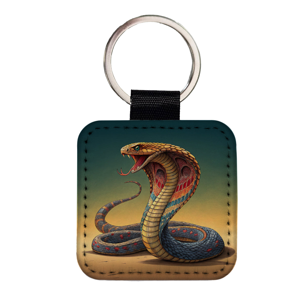 Colorful Cobra Snake Reptile Square Faux Leather Keychain