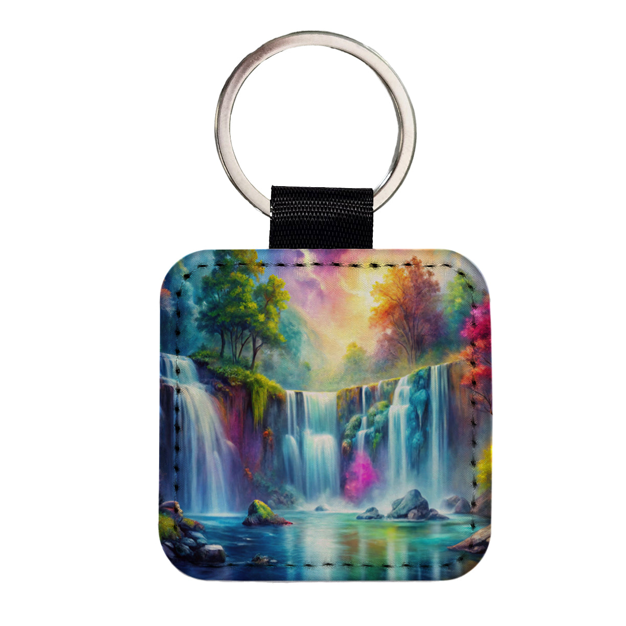 Colorful Fantasy Forest Waterfalls Square Faux Leather Keychain