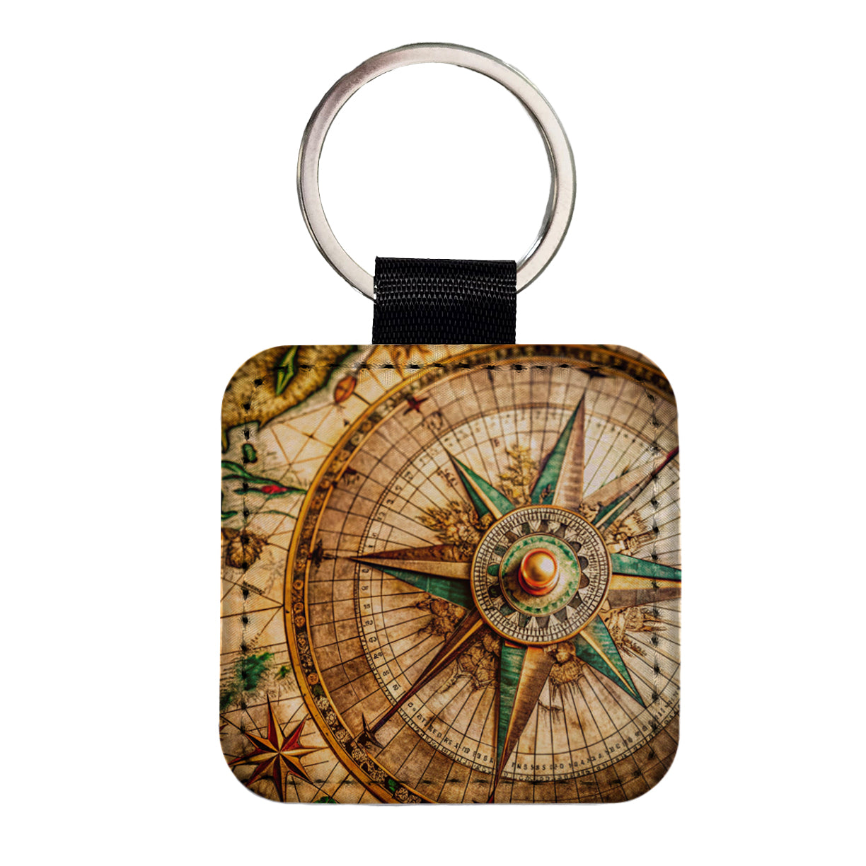Compass Rose on an Ancient Nautical Maritime Map Square Faux Leather Keychain