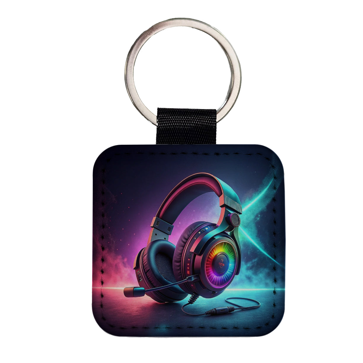 Computer Console Gaming Headphones Square Faux Leather Keychain