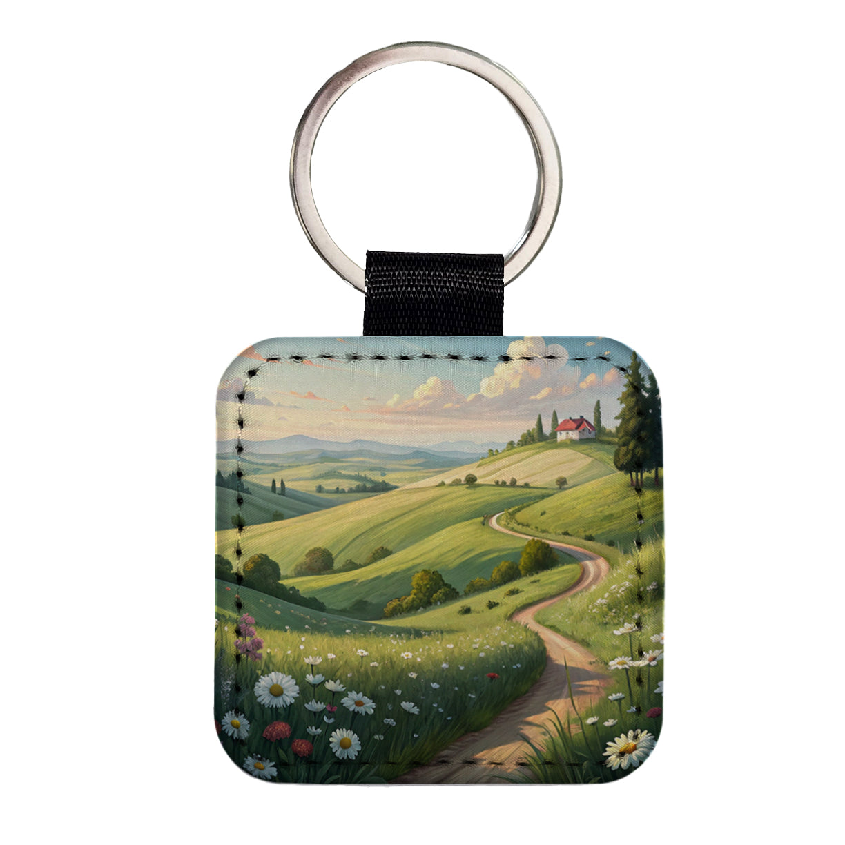 Countryside Pastoral Landscape Square Faux Leather Keychain