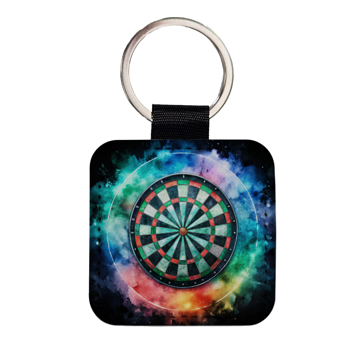 Dart Board Black Watercolor Square Faux Leather Keychain