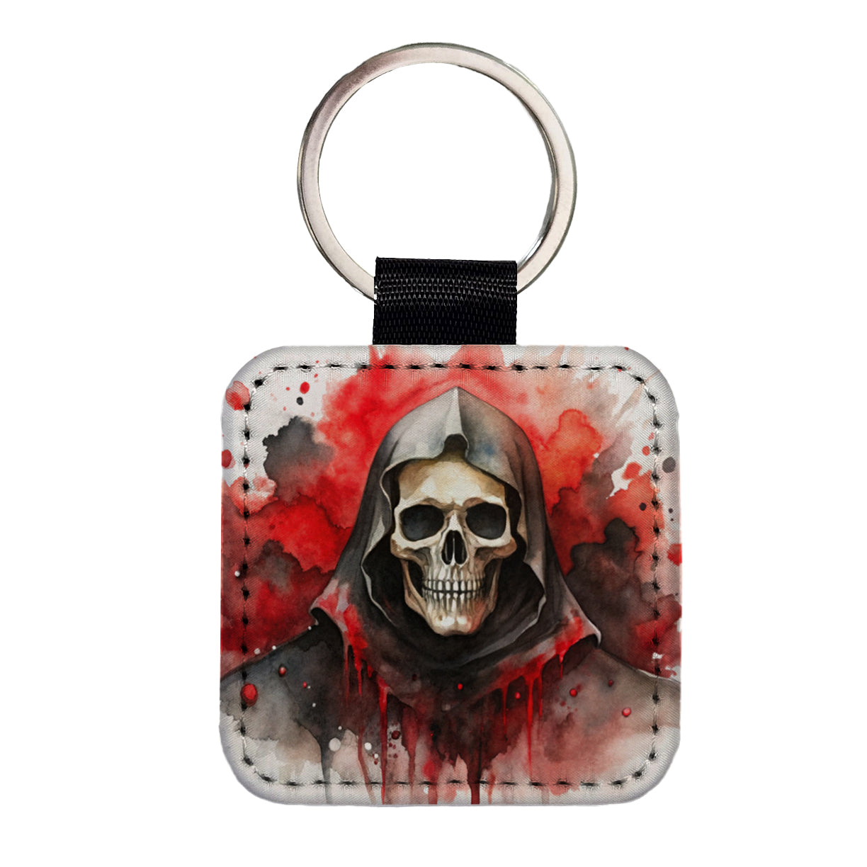 Death Grim Reaper Black Red Shades Watercolor Square Faux Leather Keychain