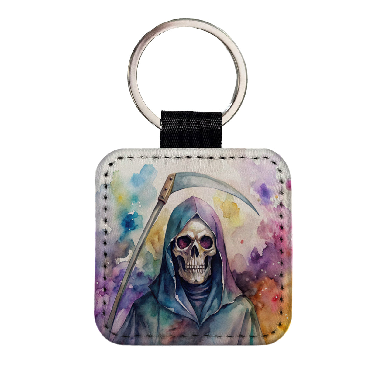 Death Grim Reaper Watercolor Halloween Square Faux Leather Keychain