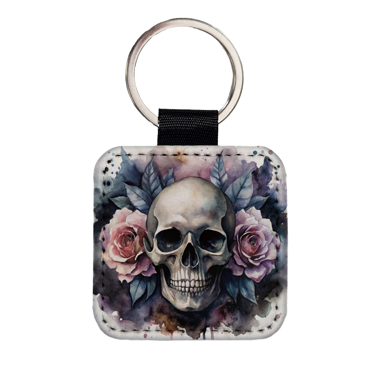 Death Skull Roses Black Watercolor Square Faux Leather Keychain