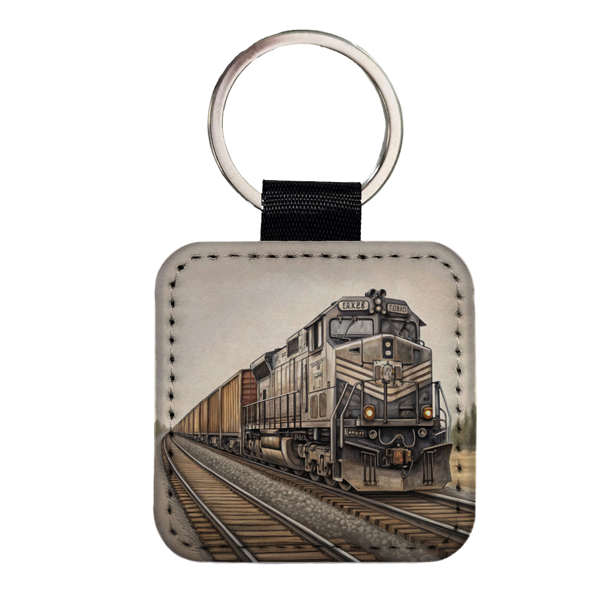 Diesel Locomotive Pulling A Long Line Of Freight Cars Square Faux Leather Keychain