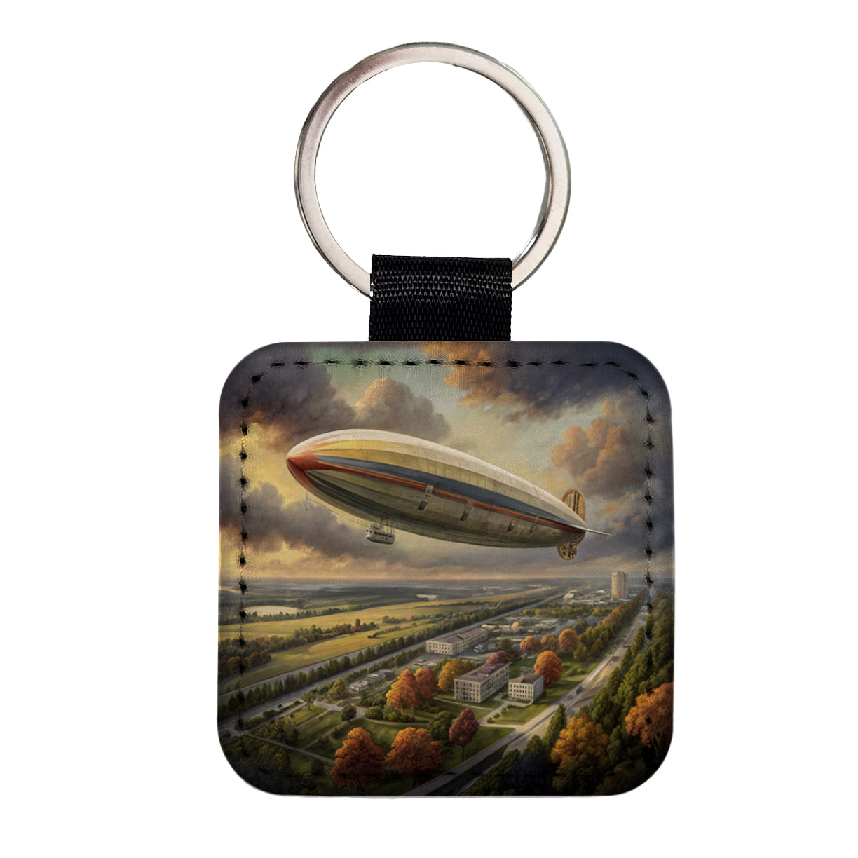 Dirigible Airship In Flight Over New Jersey Square Faux Leather Keychain