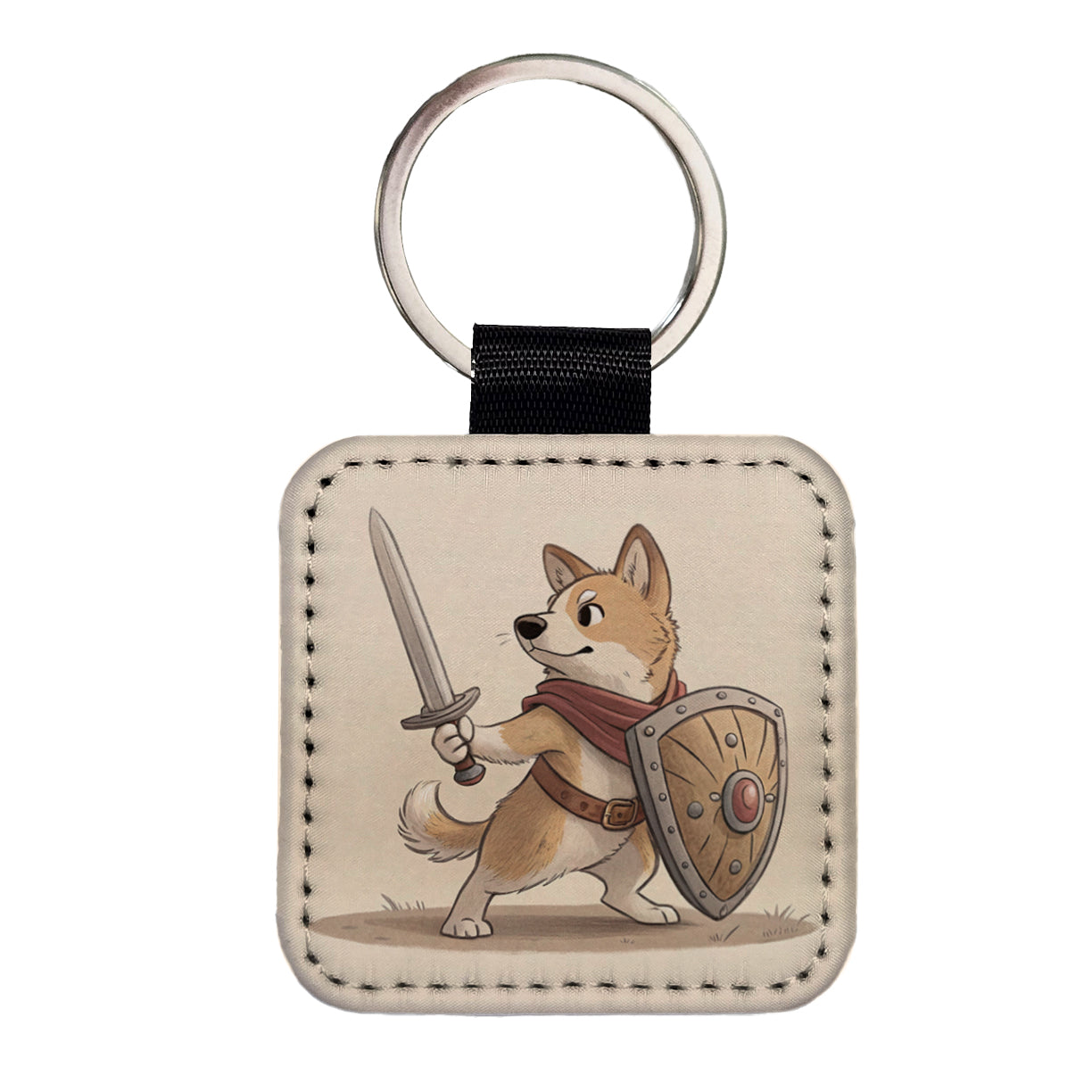 Dog With Sword And Shield Fantasy Medieval Cartoon Square Faux Leather Keychain