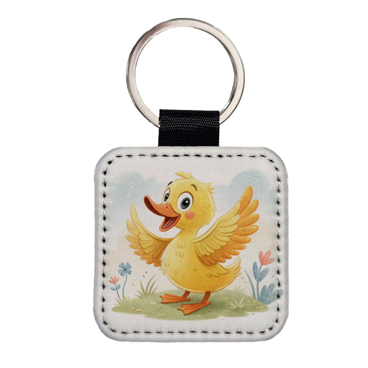 Duck Children's Illustration Style Square Faux Leather Keychain