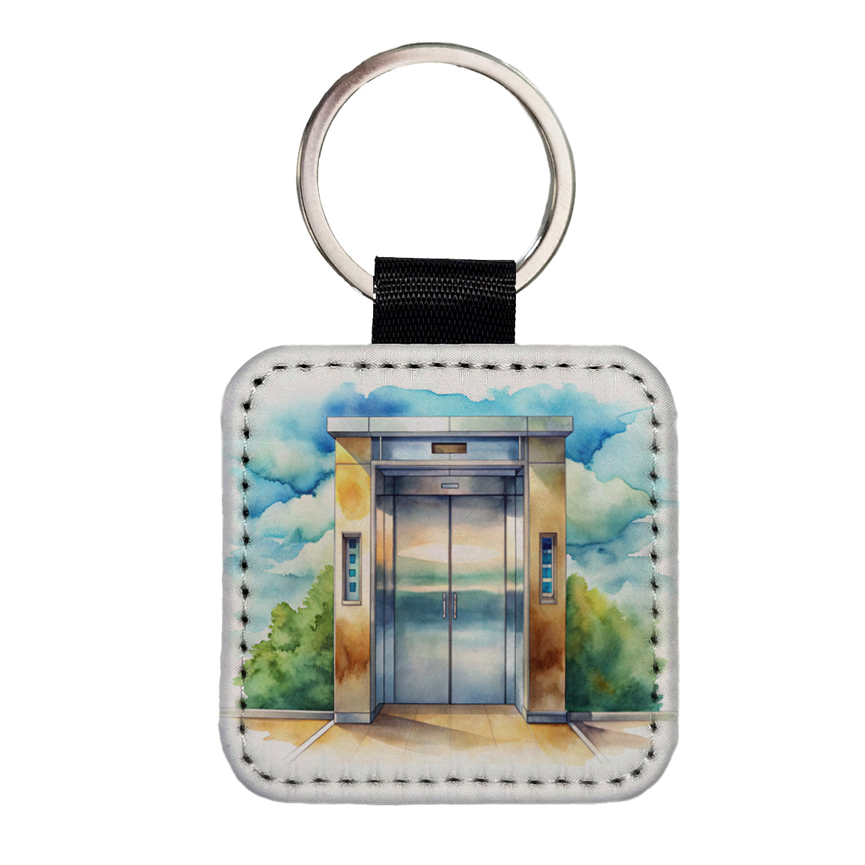 Elevator To Nowhere Watercolor Square Faux Leather Keychain