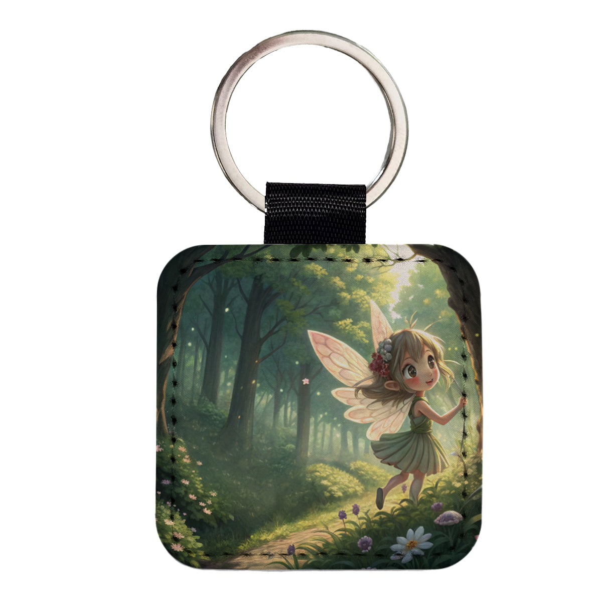 Fantasy Forest Pixie Girl Anime Style Square Faux Leather Keychain