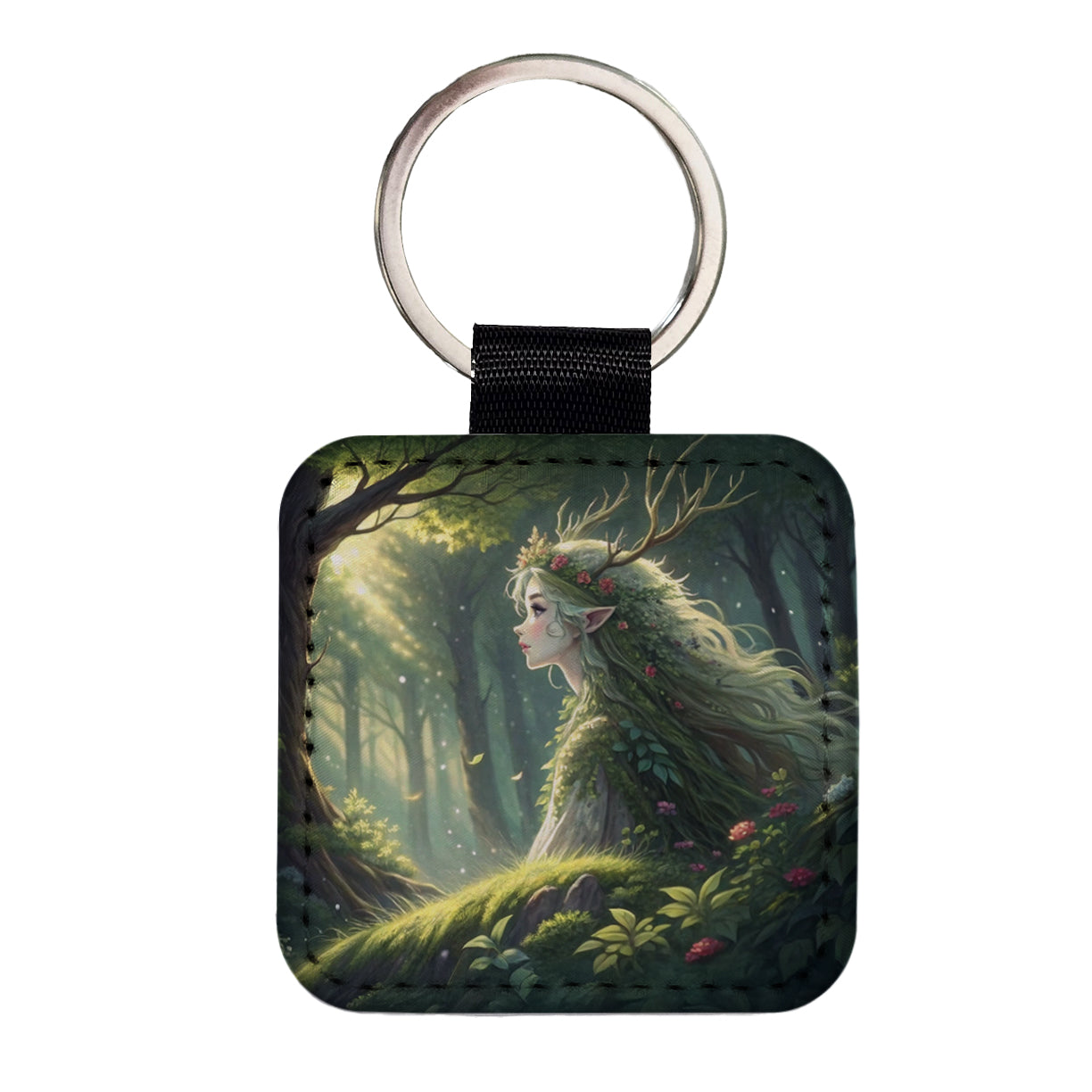 Fantasy Forest Spirit Anime Style Square Faux Leather Keychain