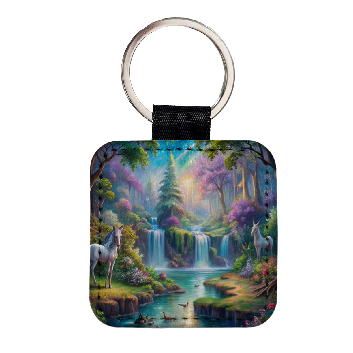 Fantasy Forest Waterfalls and White Horses Watercolor Square Faux Leather Keychain