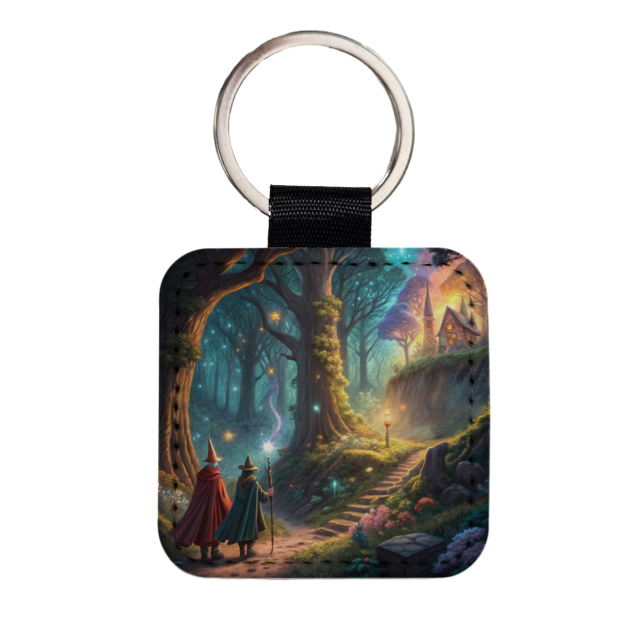 Fantasy Forest with Wizards Square Faux Leather Keychain