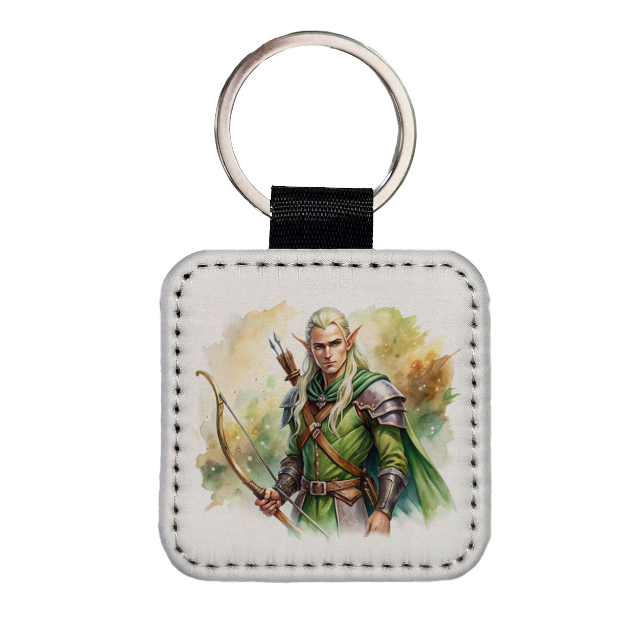 Fantasy Male Elven Ranger Archer Warrior Watercolor Square Faux Leather Keychain