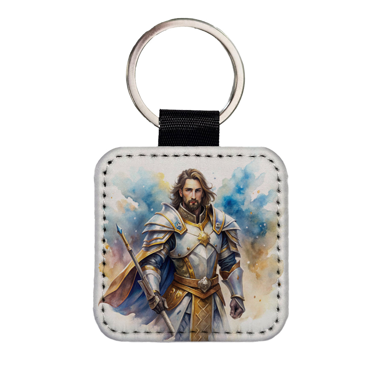 Fantasy Male Paladin Warrior Watercolor Square Faux Leather Keychain