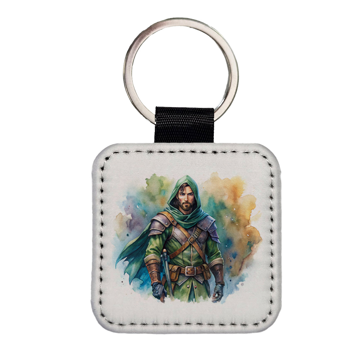 Fantasy Male Rogue Thief Watercolor Square Faux Leather Keychain