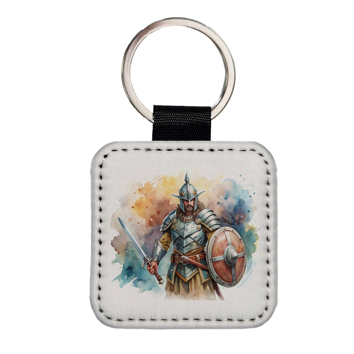 Fantasy Male Warrior Fighter With Full Armor Tank Square Faux Leather Keychain