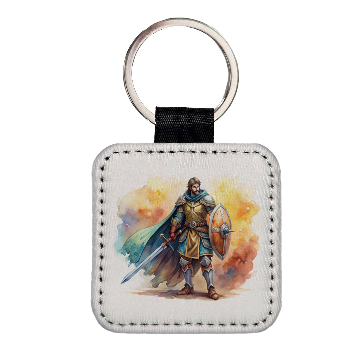 Fantasy Male Warrior Fighter With Sword And Shield Tank Square Faux Leather Keychain