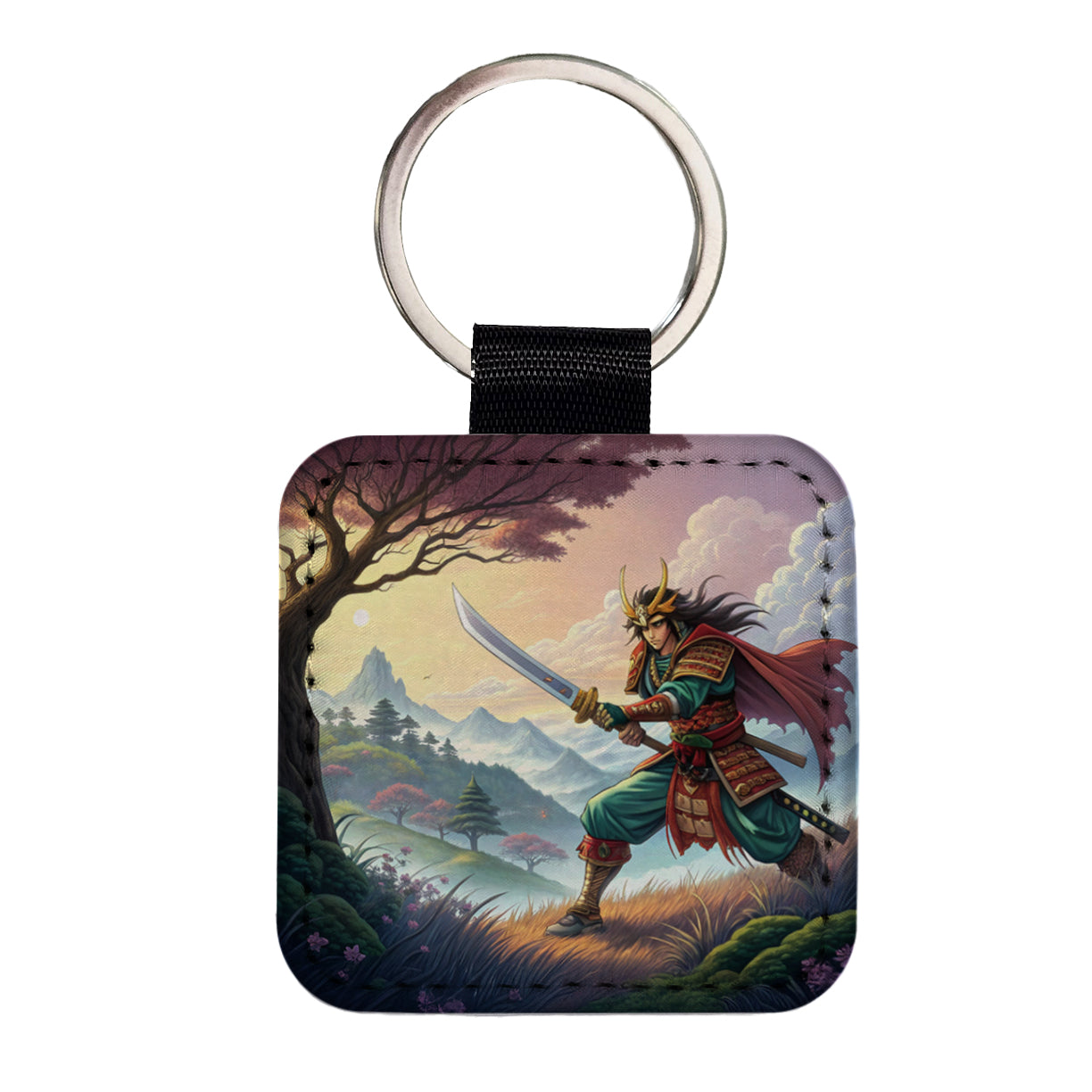 Fantasy Warrior with Sword Classic Japanese Anime Style Square Faux Leather Keychain